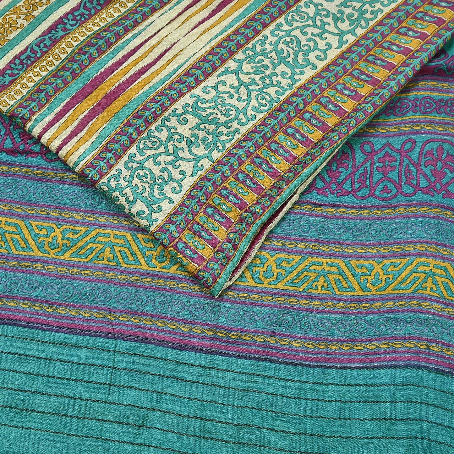 Indian Vintage Sari Beige & Green Pure Woolen Woven Printed Sarees Soft Warm Craft Fabric 5Yd Floral Dress making Crafting Quilting