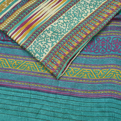 Indian Vintage Sari Beige & Green Pure Woolen Woven Printed Sarees Soft Warm Craft Fabric 5Yd Floral Dress making Crafting Quilting
