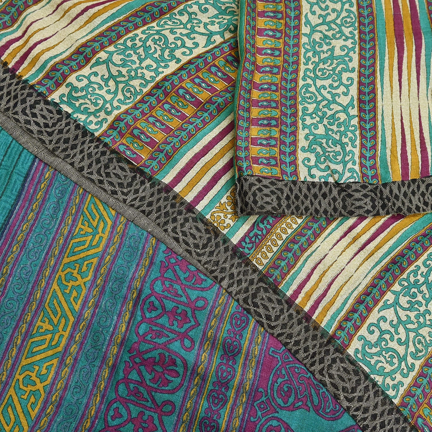 Indian Vintage Sari Beige & Green Pure Woolen Woven Printed Sarees Soft Warm Craft Fabric 5Yd Floral Dress making Crafting Quilting