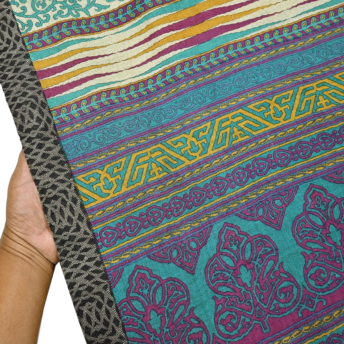 Indian Vintage Sari Beige & Green Pure Woolen Woven Printed Sarees Soft Warm Craft Fabric 5Yd Floral Dress making Crafting Quilting
