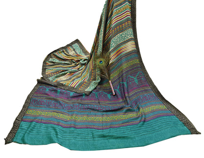 Indian Vintage Sari Beige & Green Pure Woolen Woven Printed Sarees Soft Warm Craft Fabric 5Yd Floral Dress making Crafting Quilting