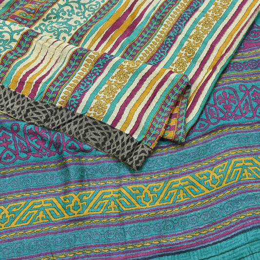 Indian Vintage Sari Beige & Green Pure Woolen Woven Printed Sarees Soft Warm Craft Fabric 5Yd Floral Dress making Crafting Quilting