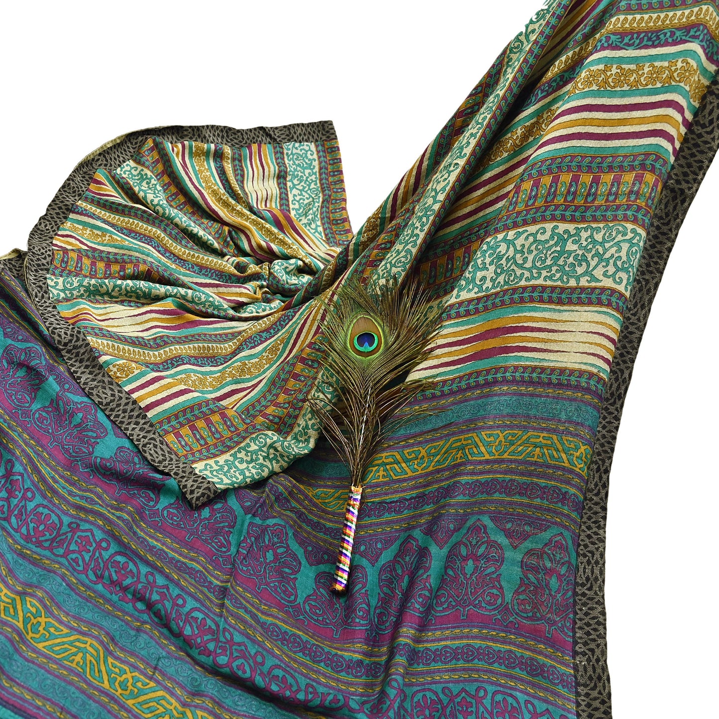 Indian Vintage Sari Beige & Green Pure Woolen Woven Printed Sarees Soft Warm Craft Fabric 5Yd Floral Dress making Crafting Quilting