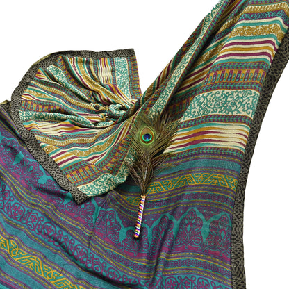 Indian Vintage Sari Beige & Green Pure Woolen Woven Printed Sarees Soft Warm Craft Fabric 5Yd Floral Dress making Crafting Quilting
