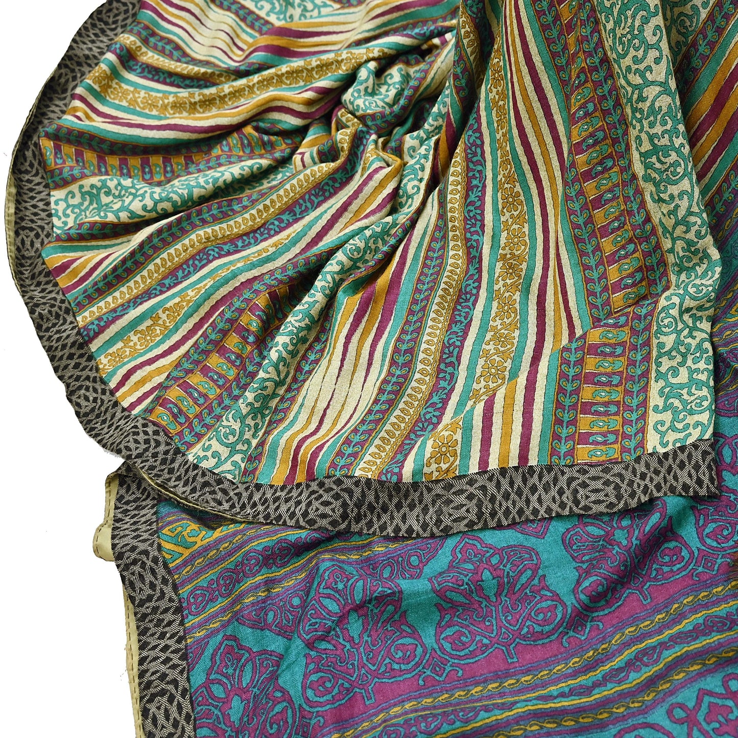 Indian Vintage Sari Beige & Green Pure Woolen Woven Printed Sarees Soft Warm Craft Fabric 5Yd Floral Dress making Crafting Quilting