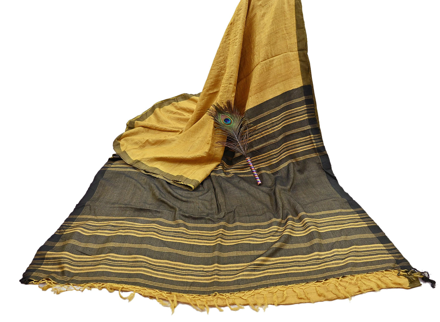 Indian Vintage Green & Yellow Saree Pure Woolen Woven Printed Sari Warm Craft Fabric 6Yd Woven Border Dress making Crafting Dress Designing