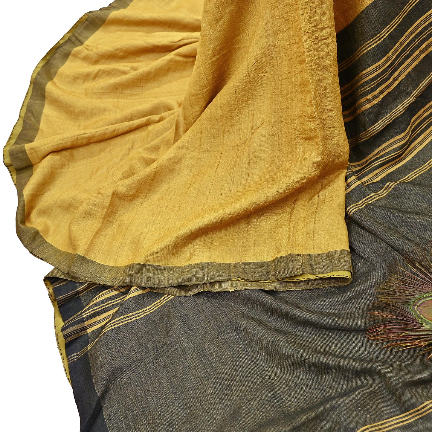 Indian Vintage Green & Yellow Saree Pure Woolen Woven Printed Sari Warm Craft Fabric 6Yd Woven Border Dress making Crafting Dress Designing