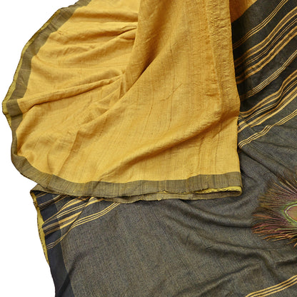 Indian Vintage Green & Yellow Saree Pure Woolen Woven Printed Sari Warm Craft Fabric 6Yd Woven Border Dress making Crafting Dress Designing