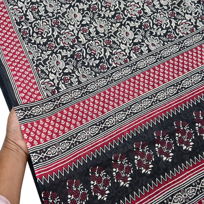Indian Vintage Sari Red & Black Printed 100% Pure Cotton Sarees Craft Fabric 5Yard Sewing Sarong Wrap Boho Floral Dress making Quilting Soft