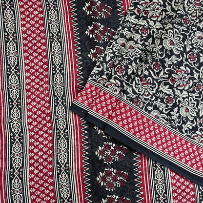 Indian Vintage Sari Red & Black Printed 100% Pure Cotton Sarees Craft Fabric 5Yard Sewing Sarong Wrap Boho Floral Dress making Quilting Soft