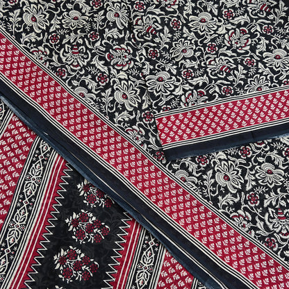 Indian Vintage Sari Red & Black Printed 100% Pure Cotton Sarees Craft Fabric 5Yard Sewing Sarong Wrap Boho Floral Dress making Quilting Soft