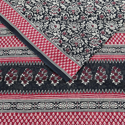 Indian Vintage Sari Red & Black Printed 100% Pure Cotton Sarees Craft Fabric 5Yard Sewing Sarong Wrap Boho Floral Dress making Quilting Soft