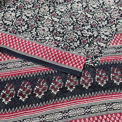 Indian Vintage Sari Red & Black Printed 100% Pure Cotton Sarees Craft Fabric 5Yard Sewing Sarong Wrap Boho Floral Dress making Quilting Soft