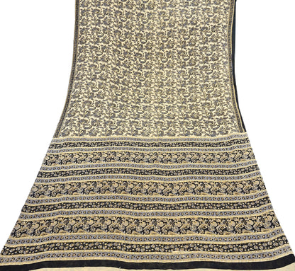 Indian Vintage Sari Beige & Black Printed 100% Pure Cotton Sarees Craft Fabric 5Yard Sewing Sarong Wrap Boho Dress making Quilting Soft