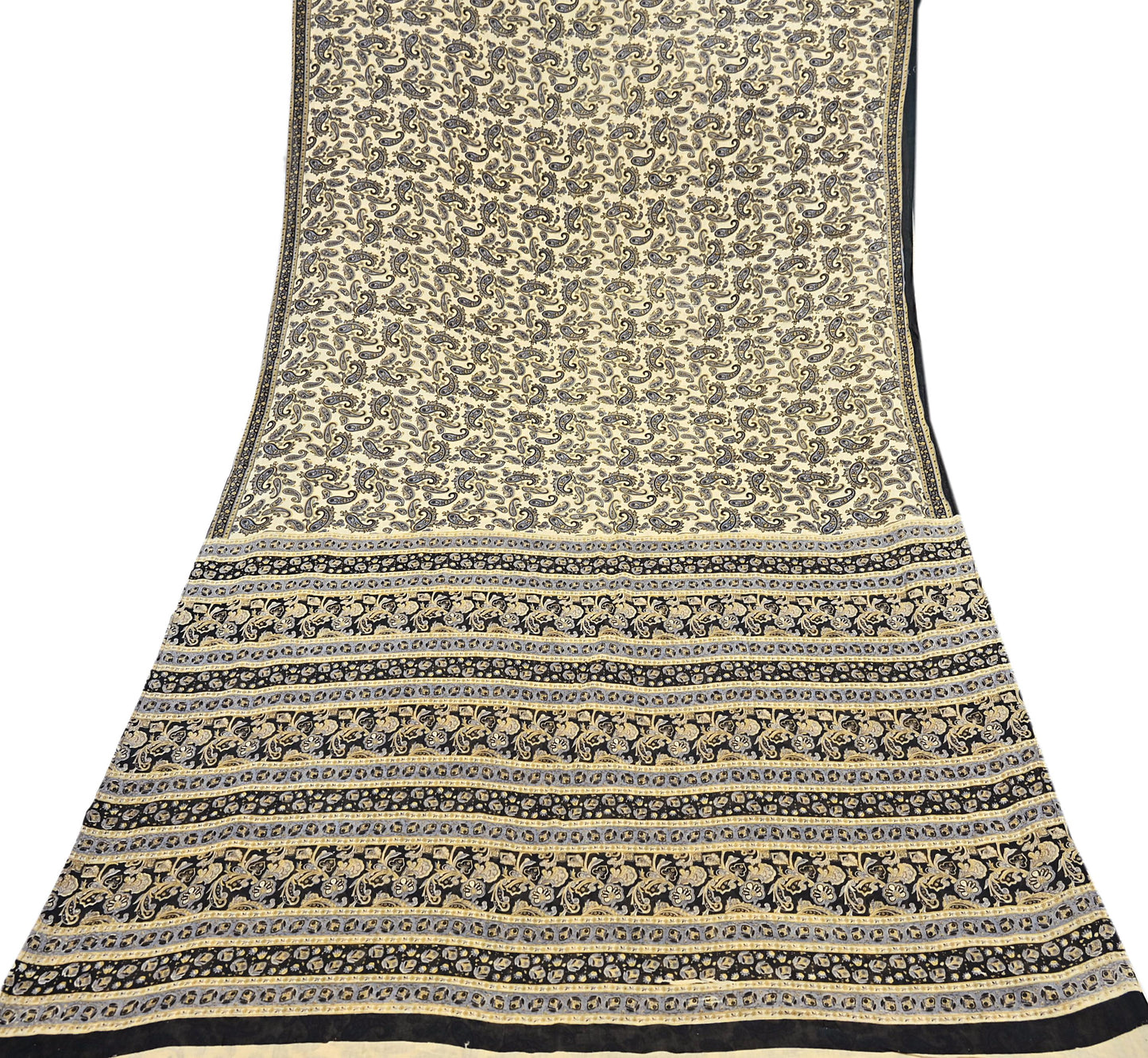 Indian Vintage Sari Beige & Black Printed 100% Pure Cotton Sarees Craft Fabric 5Yard Sewing Sarong Wrap Boho Dress making Quilting Soft