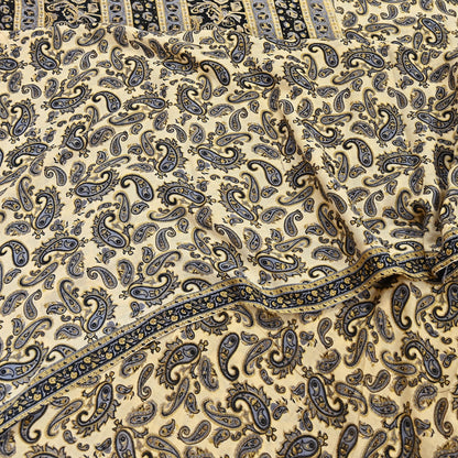 Indian Vintage Sari Beige & Black Printed 100% Pure Cotton Sarees Craft Fabric 5Yard Sewing Sarong Wrap Boho Dress making Quilting Soft