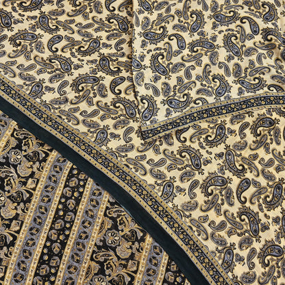 Indian Vintage Sari Beige & Black Printed 100% Pure Cotton Sarees Craft Fabric 5Yard Sewing Sarong Wrap Boho Dress making Quilting Soft