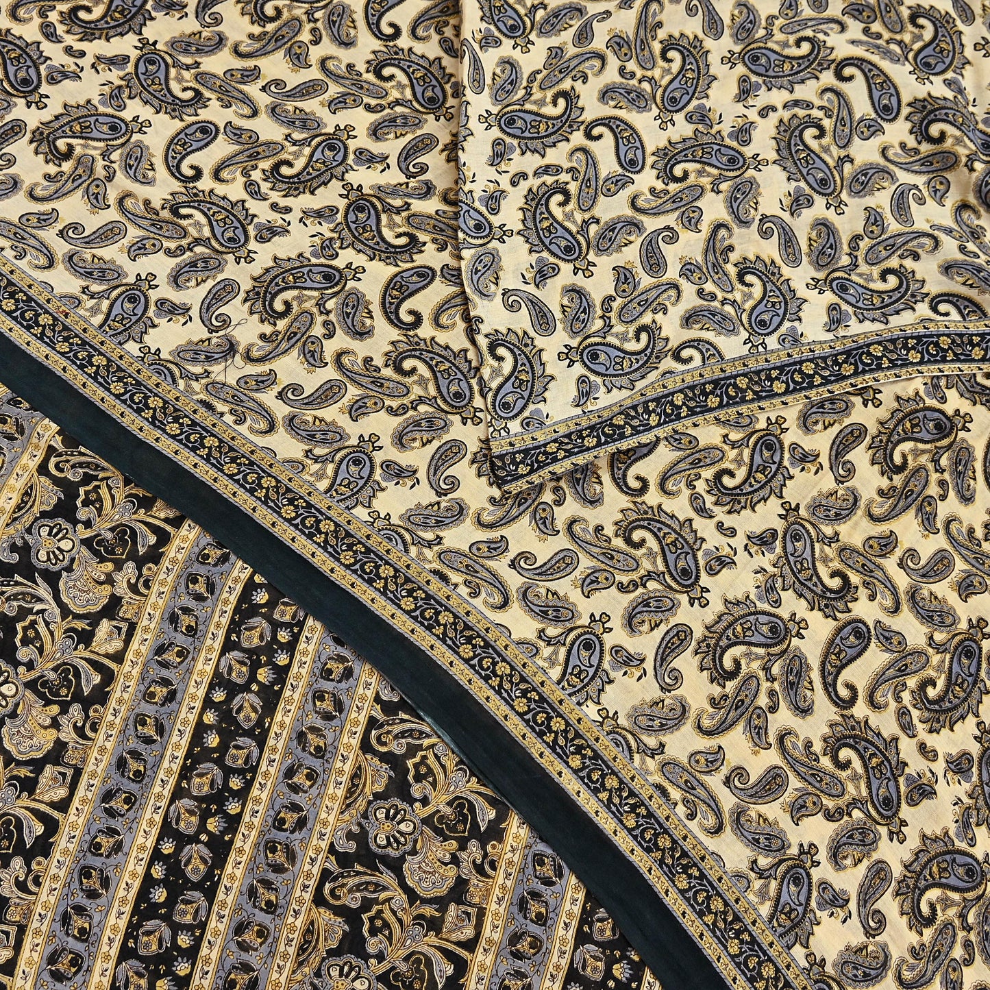 Indian Vintage Sari Beige & Black Printed 100% Pure Cotton Sarees Craft Fabric 5Yard Sewing Sarong Wrap Boho Dress making Quilting Soft