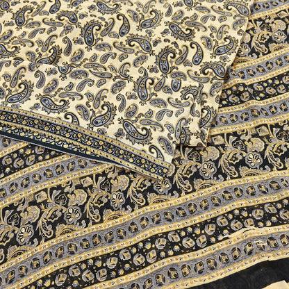 Indian Vintage Sari Beige & Black Printed 100% Pure Cotton Sarees Craft Fabric 5Yard Sewing Sarong Wrap Boho Dress making Quilting Soft