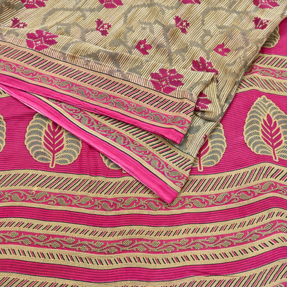 Indian Vintage Sari Pink & Beige Printed 100% Pure Cotton Sarees Craft Fabric 5Yd Soft Sewing Sarong Wrap Floral Boho Quilting Crafting Used
