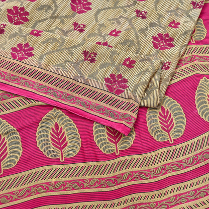Indian Vintage Sari Pink & Beige Printed 100% Pure Cotton Sarees Craft Fabric 5Yd Soft Sewing Sarong Wrap Floral Boho Quilting Crafting Used
