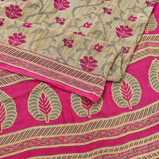 Indian Vintage Sari Pink & Beige Printed 100% Pure Cotton Sarees Craft Fabric 5Yd Soft Sewing Sarong Wrap Floral Boho Quilting Crafting Used