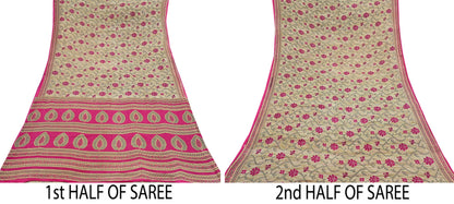 Indian Vintage Sari Pink & Beige Printed 100% Pure Cotton Sarees Craft Fabric 5Yd Soft Sewing Sarong Wrap Floral Boho Quilting Crafting Used