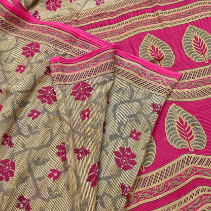Indian Vintage Sari Pink & Beige Printed 100% Pure Cotton Sarees Craft Fabric 5Yd Soft Sewing Sarong Wrap Floral Boho Quilting Crafting Used