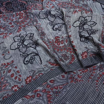 Indian Vintage Gray & Black Saree Pure Crepe Silk Printed Sari Craft Fabric 6yd Sewing Soft Wrap Dress making Crafting Quilting