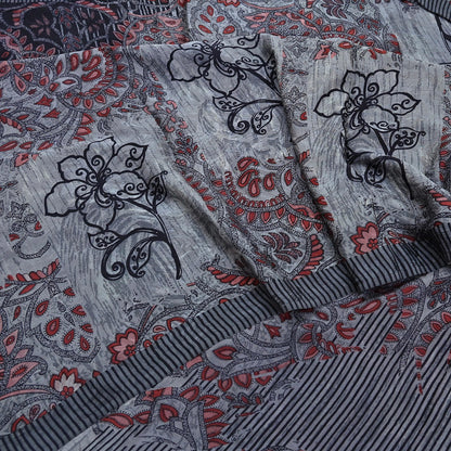 Indian Vintage Gray & Black Saree Pure Crepe Silk Printed Sari Craft Fabric 6yd Sewing Soft Wrap Dress making Crafting Quilting