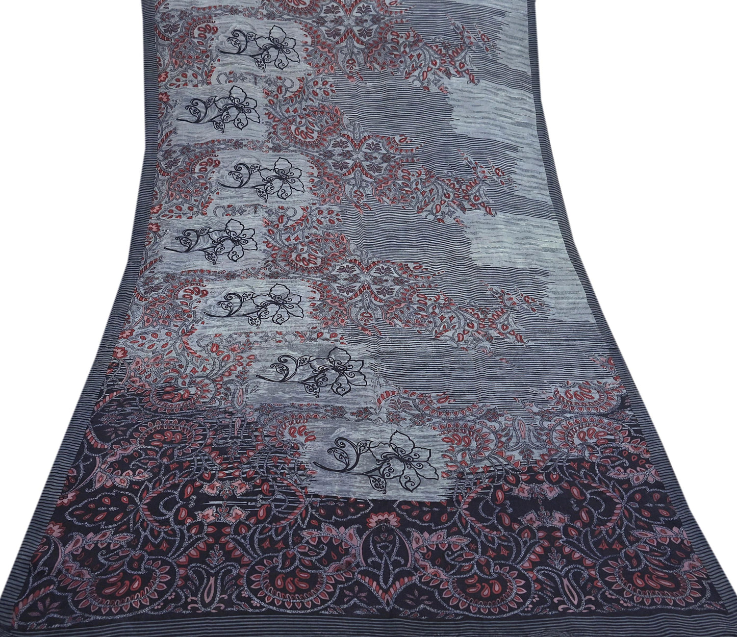 Indian Vintage Gray & Black Saree Pure Crepe Silk Printed Sari Craft Fabric 6yd Sewing Soft Wrap Dress making Crafting Quilting