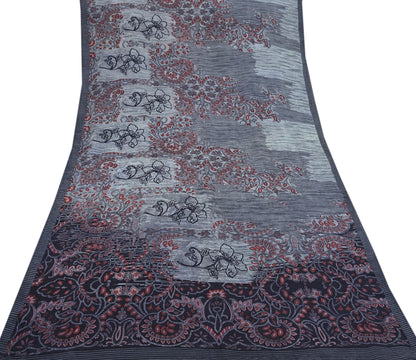 Indian Vintage Gray & Black Saree Pure Crepe Silk Printed Sari Craft Fabric 6yd Sewing Soft Wrap Dress making Crafting Quilting