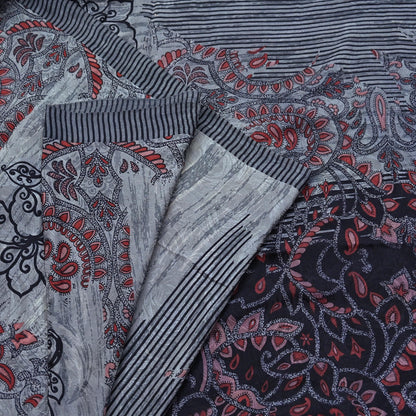 Indian Vintage Gray & Black Saree Pure Crepe Silk Printed Sari Craft Fabric 6yd Sewing Soft Wrap Dress making Crafting Quilting