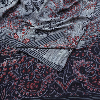 Indian Vintage Gray & Black Saree Pure Crepe Silk Printed Sari Craft Fabric 6yd Sewing Soft Wrap Dress making Crafting Quilting