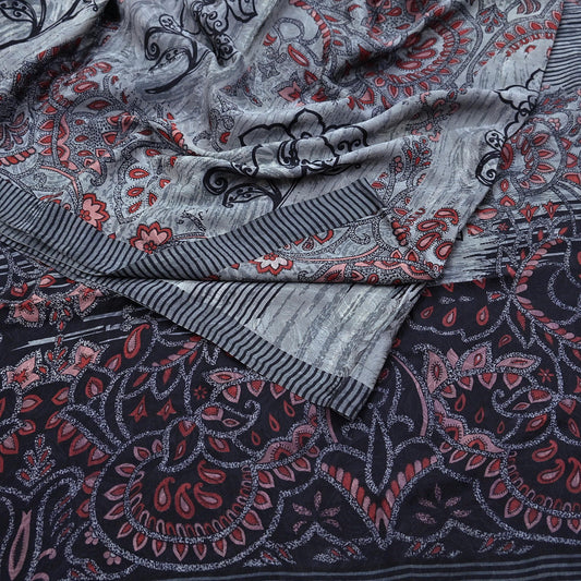 Indian Vintage Gray & Black Saree Pure Crepe Silk Printed Sari Craft Fabric 6yd Sewing Soft Wrap Dress making Crafting Quilting