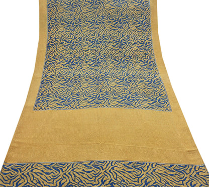 Indian Vintage Sari Mustard & Blue Pure Crepe Silk Printed Sarees 5yd Sewing Floral Soft Craft Fabric Wrap Dress making Crafting Quilting