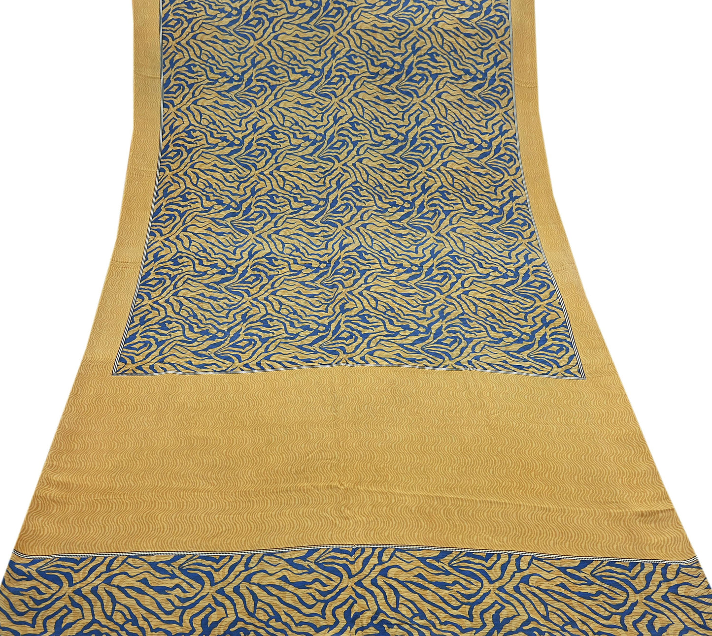 Indian Vintage Sari Mustard & Blue Pure Crepe Silk Printed Sarees 5yd Sewing Floral Soft Craft Fabric Wrap Dress making Crafting Quilting