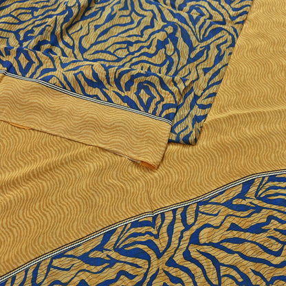 Indian Vintage Sari Mustard & Blue Pure Crepe Silk Printed Sarees 5yd Sewing Floral Soft Craft Fabric Wrap Dress making Crafting Quilting