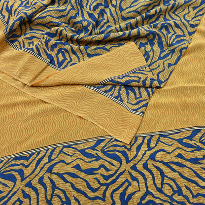 Indian Vintage Sari Mustard & Blue Pure Crepe Silk Printed Sarees 5yd Sewing Floral Soft Craft Fabric Wrap Dress making Crafting Quilting