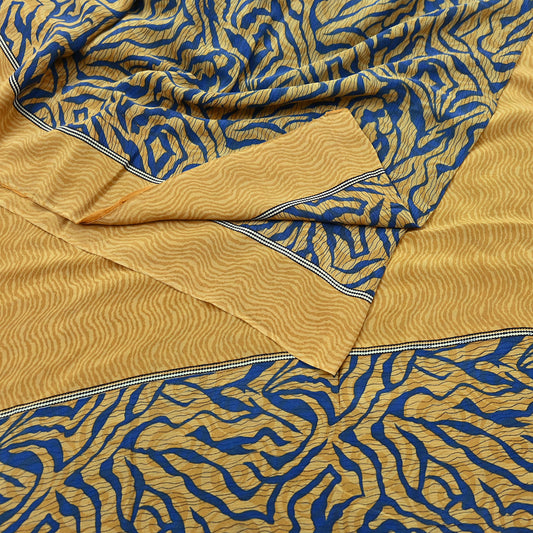 Indian Vintage Sari Mustard & Blue Pure Crepe Silk Printed Sarees 5yd Sewing Floral Soft Craft Fabric Wrap Dress making Crafting Quilting