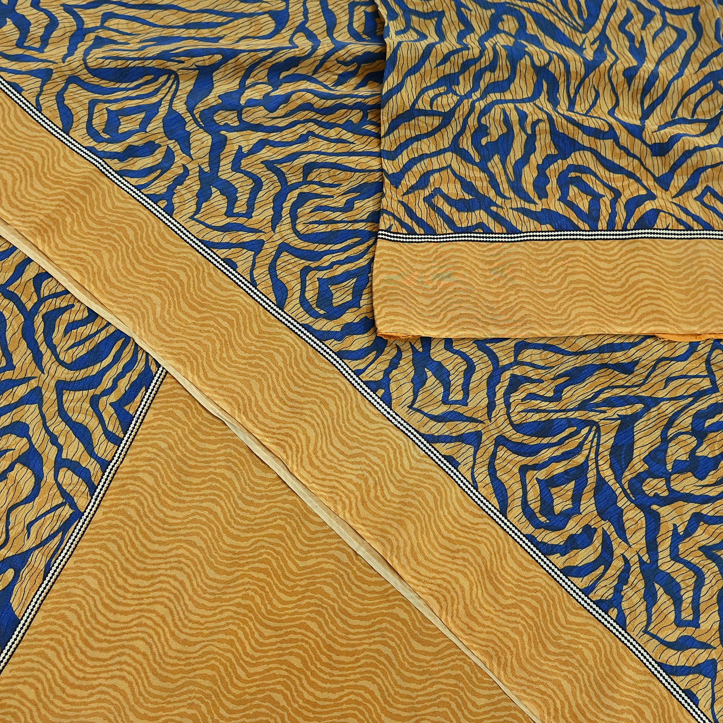 Indian Vintage Sari Mustard & Blue Pure Crepe Silk Printed Sarees 5yd Sewing Floral Soft Craft Fabric Wrap Dress making Crafting Quilting