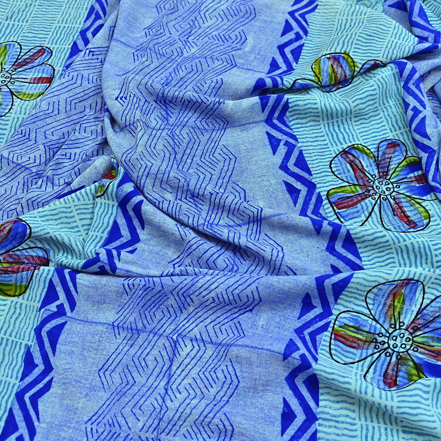 Indian Vintage Sari Green & Blue Pure Crepe Silk Printed Sarees 6yd Sewing Soft Craft Fabric Wrap Dress Making Crafting Quilting Upcycle