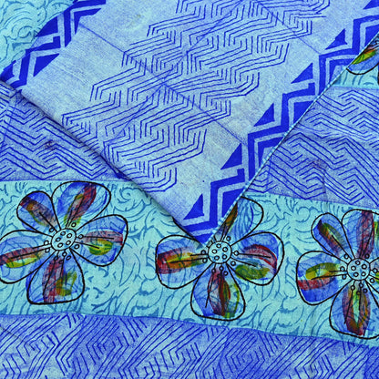 Indian Vintage Sari Green & Blue Pure Crepe Silk Printed Sarees 6yd Sewing Soft Craft Fabric Wrap Dress Making Crafting Quilting Upcycle