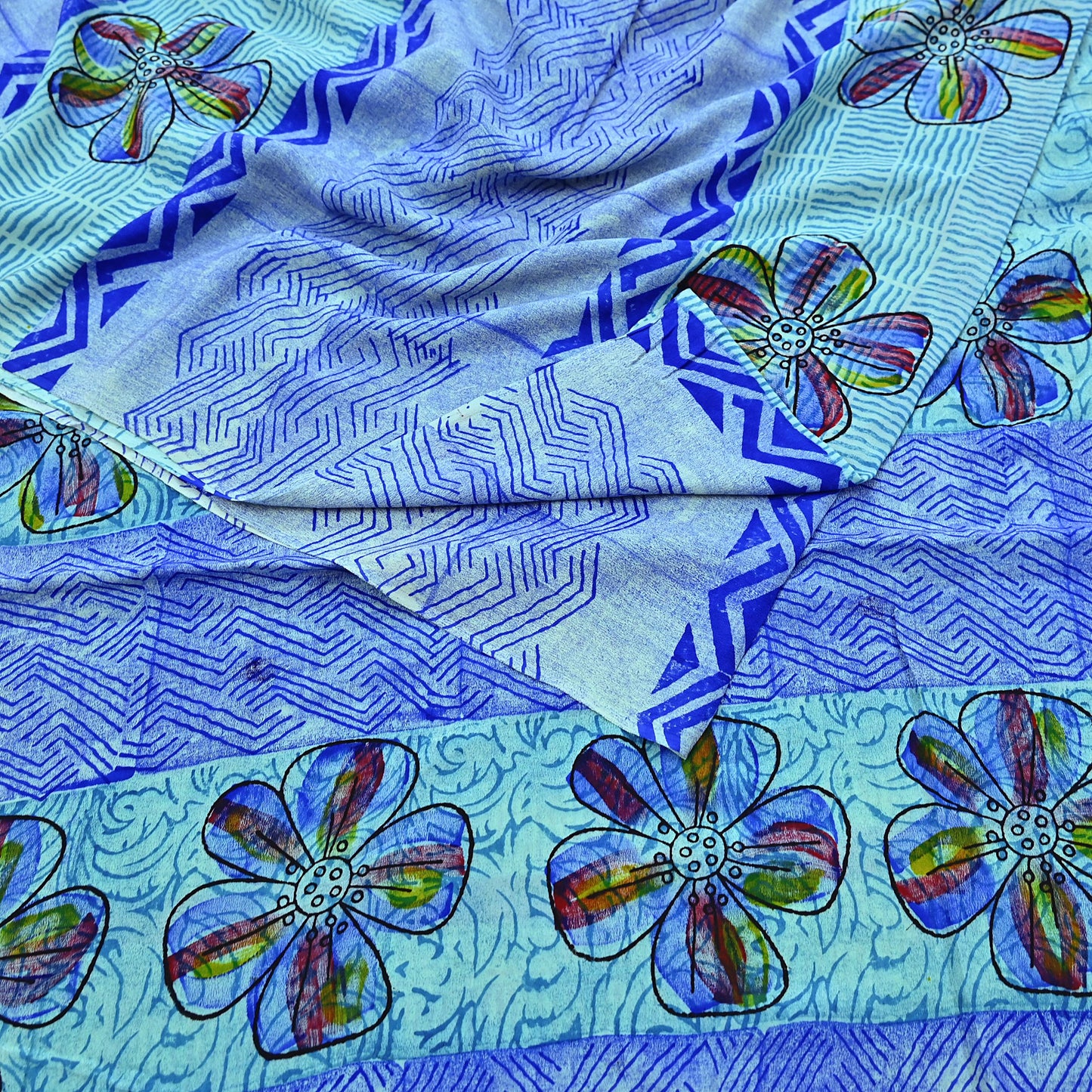 Indian Vintage Sari Green & Blue Pure Crepe Silk Printed Sarees 6yd Sewing Soft Craft Fabric Wrap Dress Making Crafting Quilting Upcycle