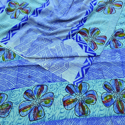 Indian Vintage Sari Green & Blue Pure Crepe Silk Printed Sarees 6yd Sewing Soft Craft Fabric Wrap Dress Making Crafting Quilting Upcycle