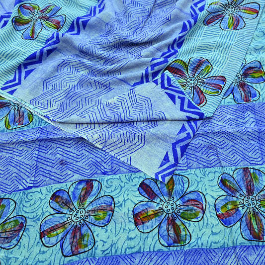 Indian Vintage Sari Green & Blue Pure Crepe Silk Printed Sarees 6yd Sewing Soft Craft Fabric Wrap Dress Making Crafting Quilting Upcycle