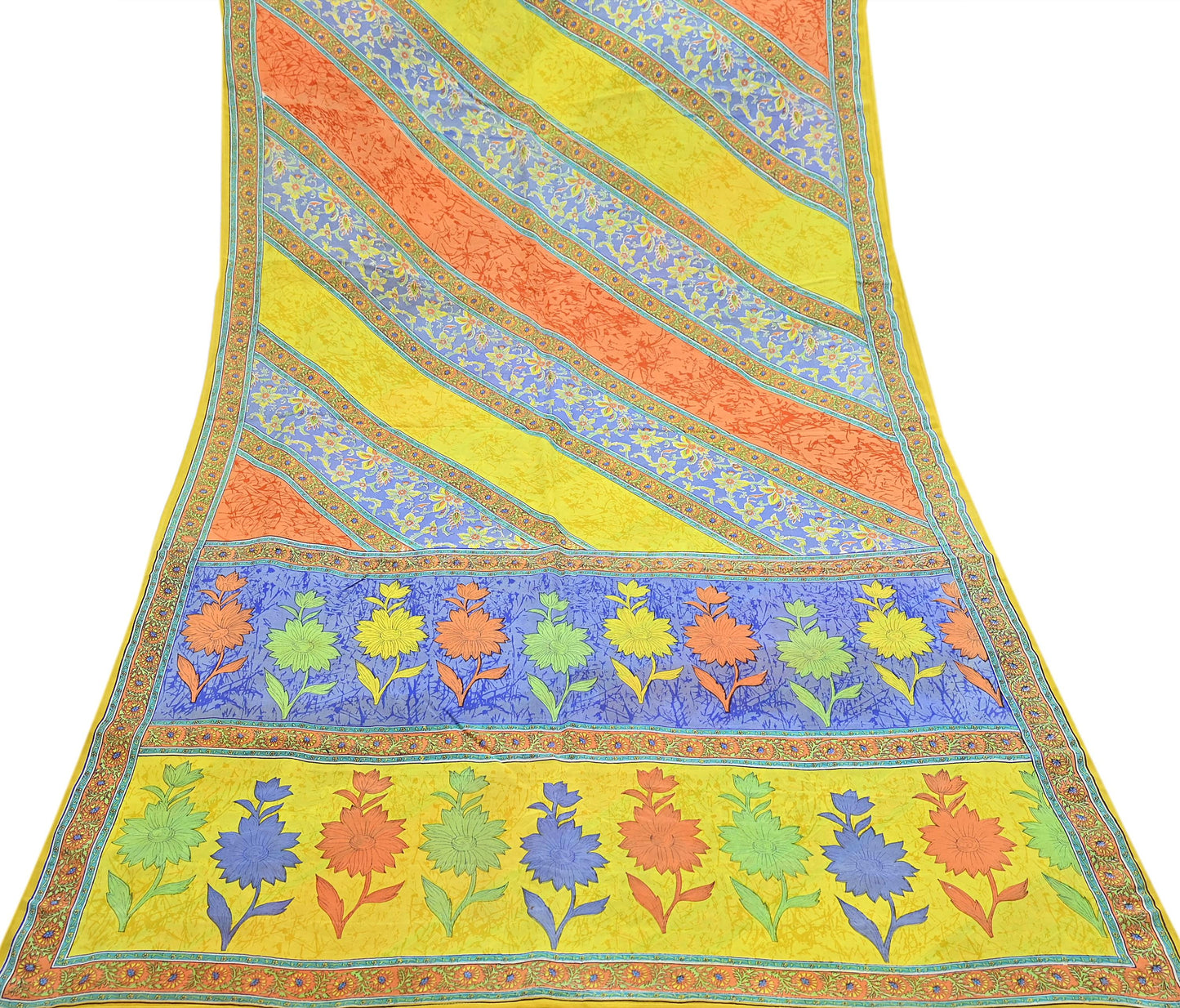 Indian Vintage Sari Yellow Pure Crepe Silk Printed Saree 5yd Sewing Floral Soft Craft Fabric Wrap Dress making Upcycle For Crafting