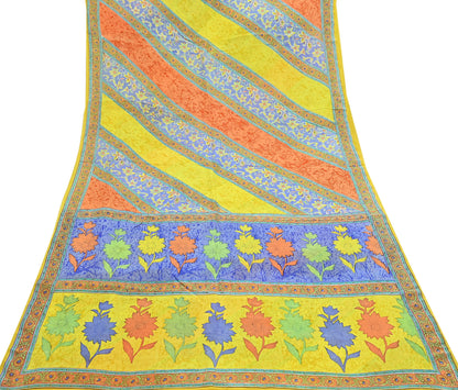 Indian Vintage Sari Yellow Pure Crepe Silk Printed Saree 5yd Sewing Floral Soft Craft Fabric Wrap Dress making Upcycle For Crafting