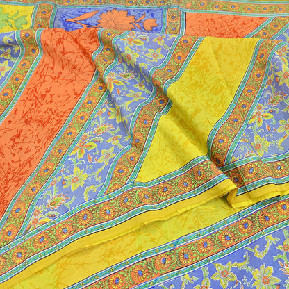 Indian Vintage Sari Yellow Pure Crepe Silk Printed Saree 5yd Sewing Floral Soft Craft Fabric Wrap Dress making Upcycle For Crafting