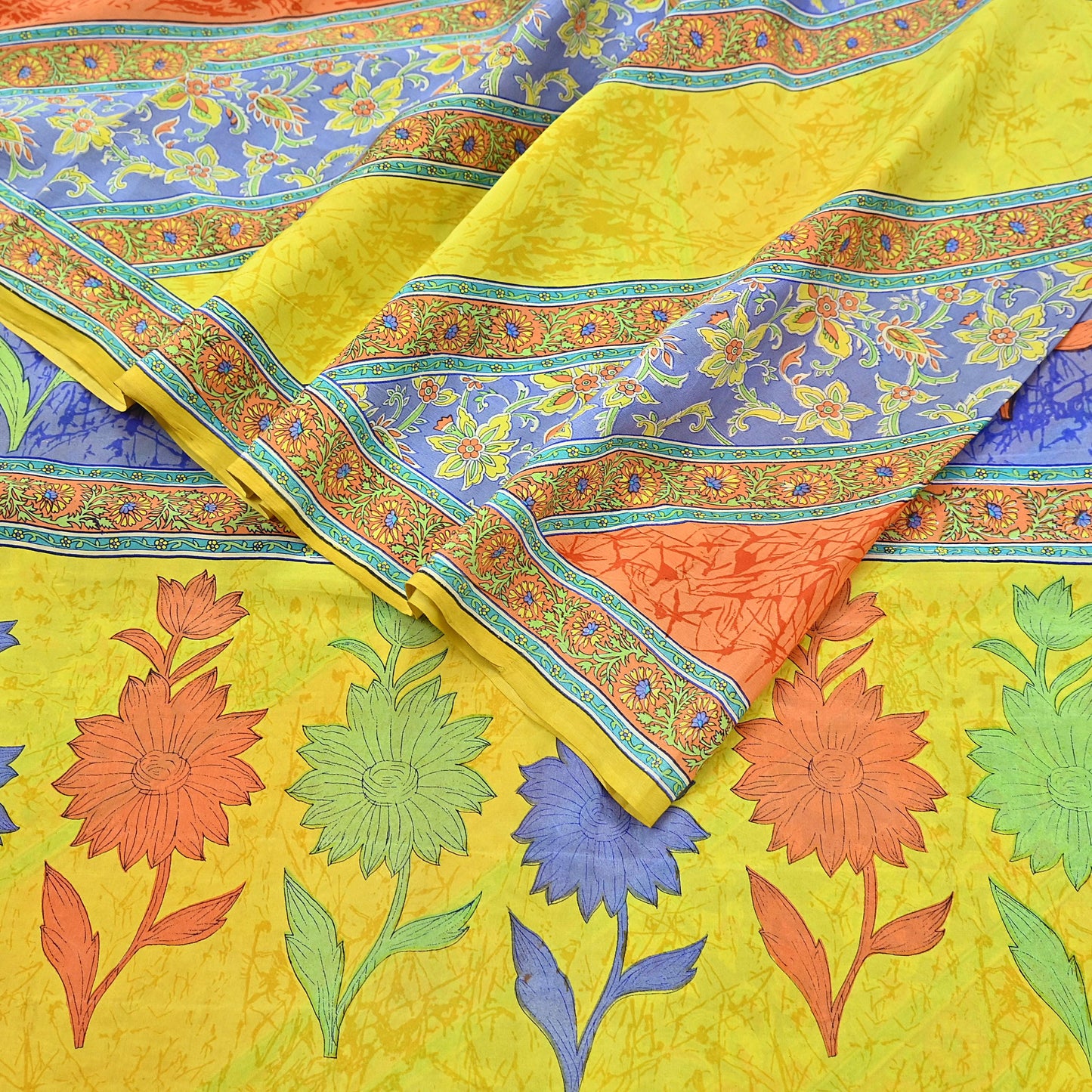 Indian Vintage Sari Yellow Pure Crepe Silk Printed Saree 5yd Sewing Floral Soft Craft Fabric Wrap Dress making Upcycle For Crafting